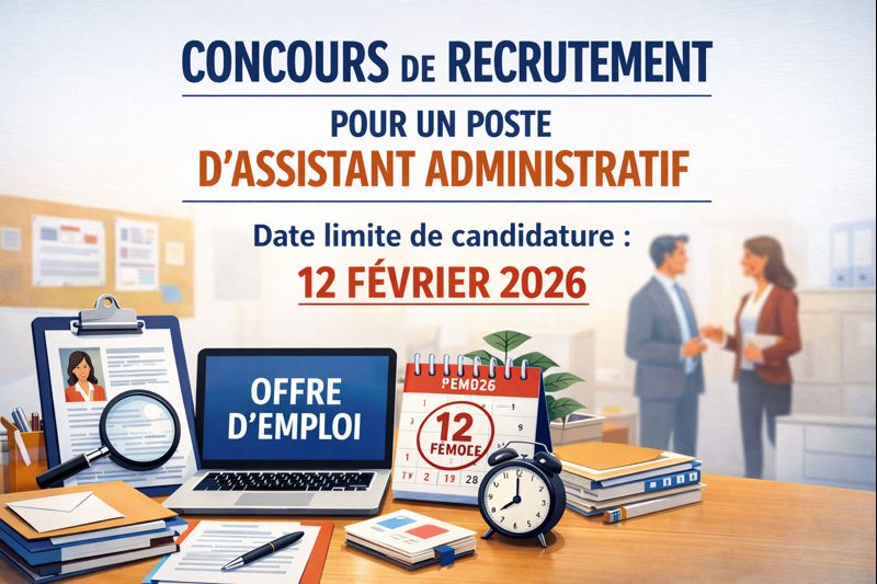 Concours de recrutement pour un poste d&rsquo;assistant administratif. Date limite de candidature : 12 février 2026.