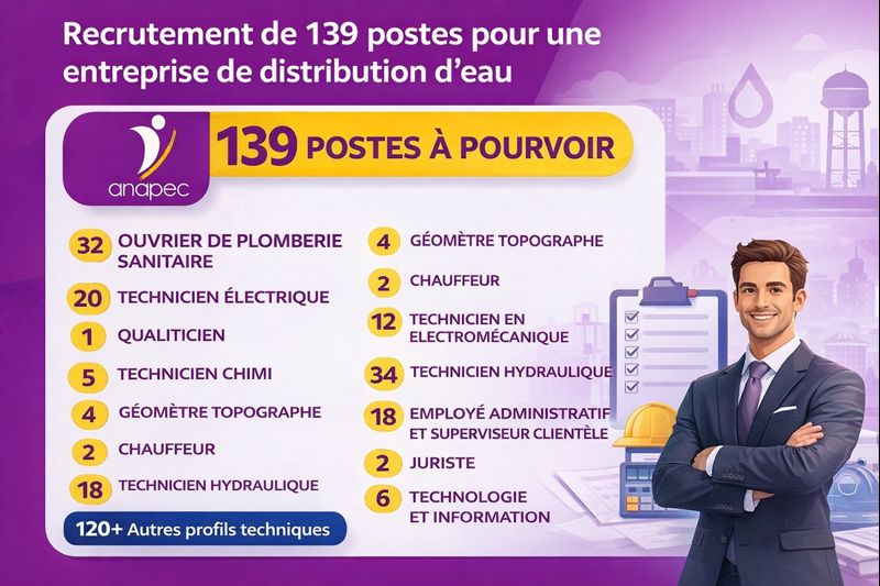 Recrutement de 139 postes pour une entreprise de distribution d&rsquo;eau