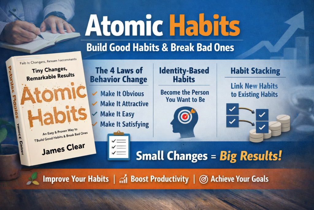atomic habits summary, build good habits, break bad habits, James Clear atomic habits, habit formation techniques, self improvement books, productivity habits, personal development strategies